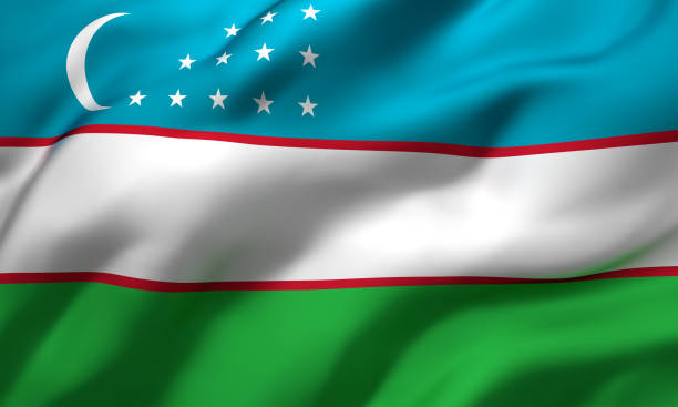 Flag of Uzbekistan blowing in the wind. Full page Uzbek flying flag. 3D illustration.